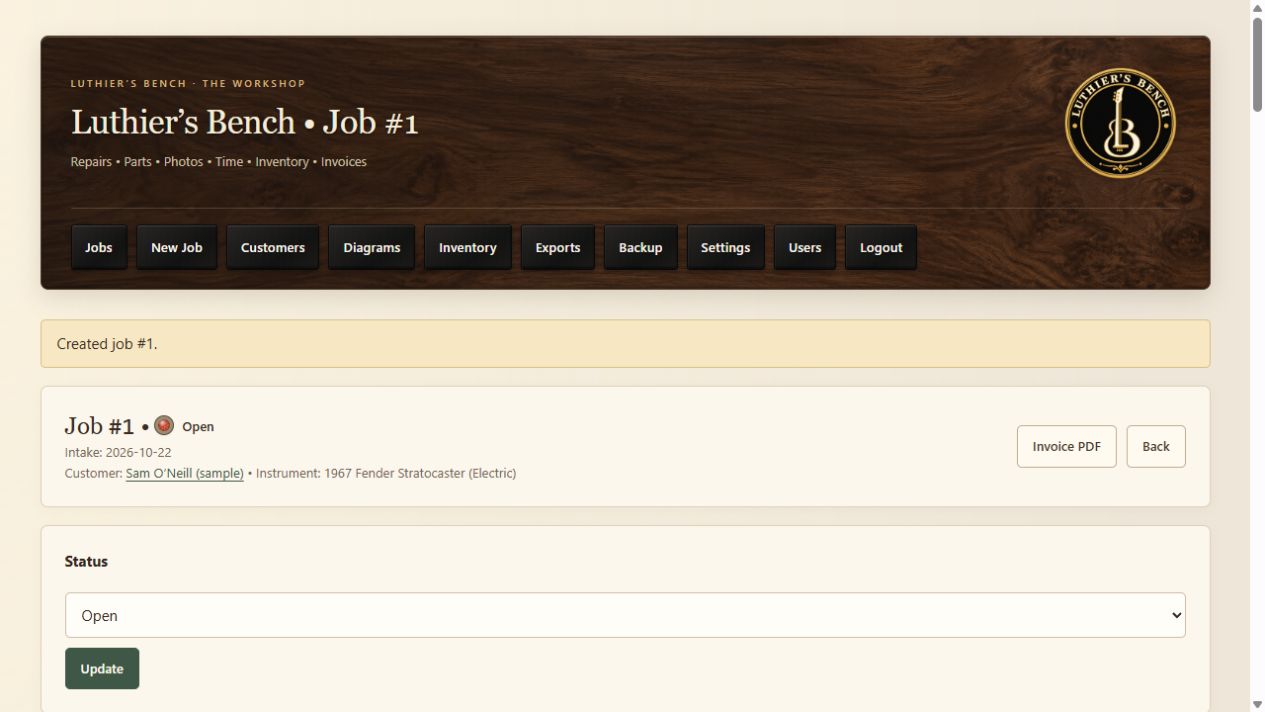 Luthier’s Bench desktop job screen showing a fictional instrument, work details and pickup tests